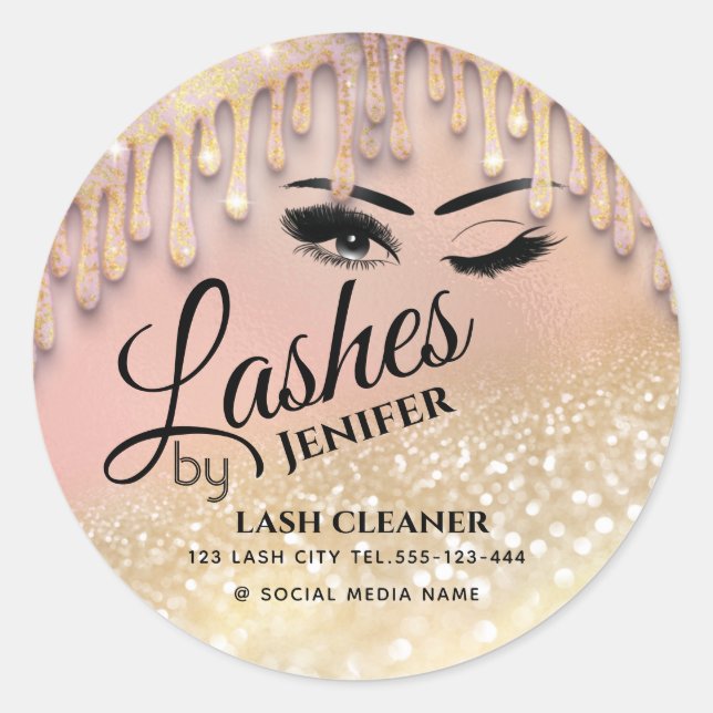 Glittery drips wink lash extension lash cleaner    classic round sticker (Front)