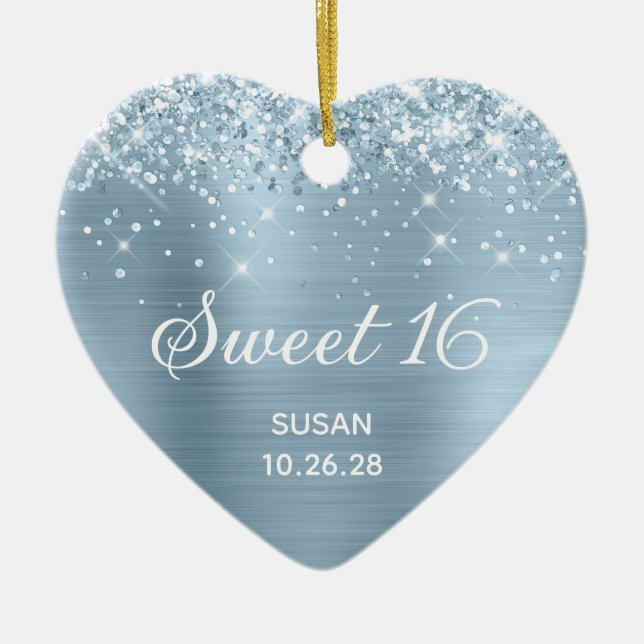 Glittery Dusty Blue Foil Sweet 16 Photo Ceramic Tree Decoration (Front)