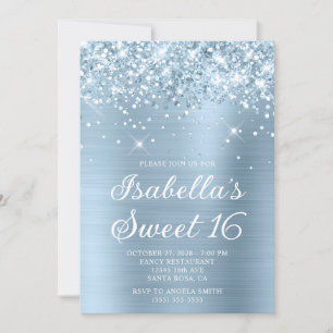 Glittery Dusty Blue Foil Sweet 16 Photo Invitation