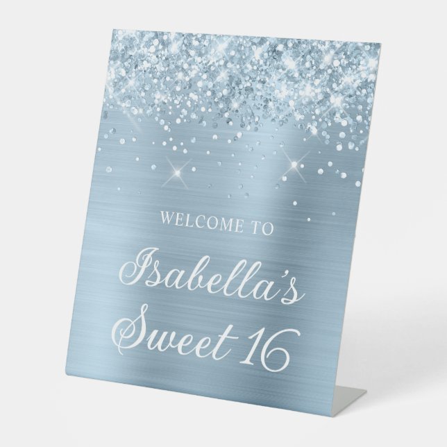 Glittery Dusty Blue Foil Sweet 16 Welcome Pedestal Sign (Front)