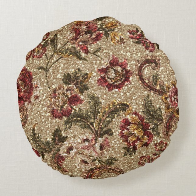 Glittery Earthtone Floral Tapestry Round Cushion (Back)