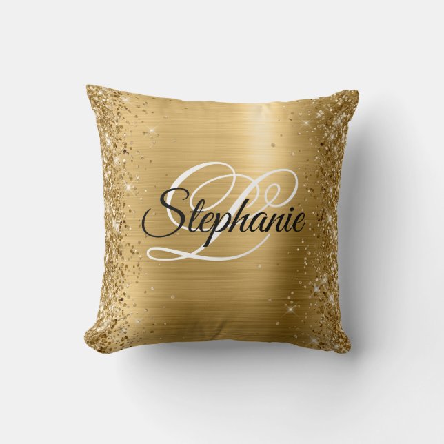 Glittery Edge Gold Foil Fancy Monogram Cushion (Front)