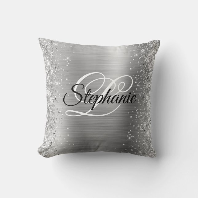 Glittery Edge Silver Foil Fancy Monogram Cushion (Front)