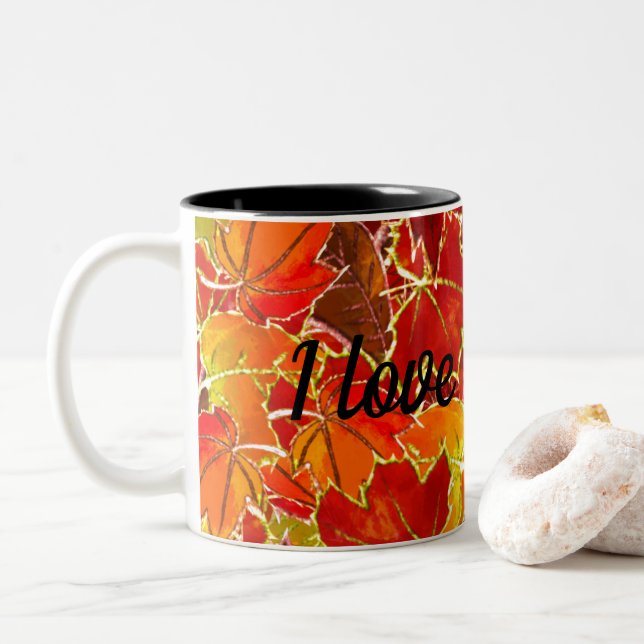 Glittery Fall/Autumn Leaves Two-Tone Coffee Mug (With Donut)