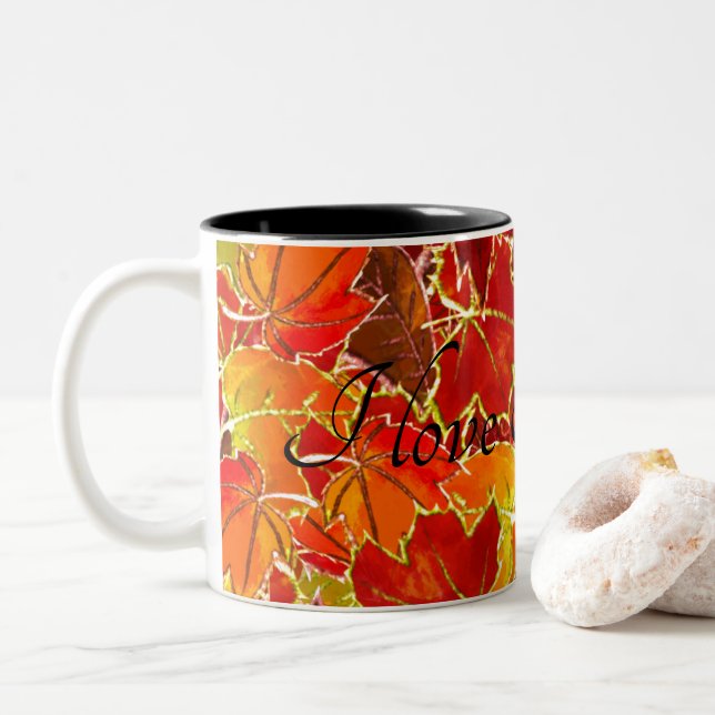 Glittery Fall/Autumn Leaves Two-Tone Coffee Mug (With Donut)