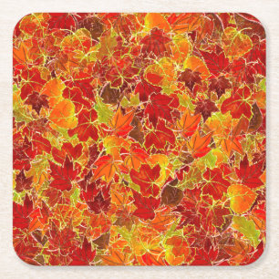 Glittery Fall Maple Leaves Square Paper Coaster