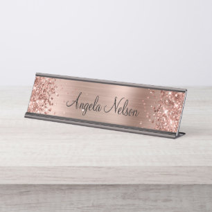 Glittery Faux Rose Gold Foil Name Desk Name Plate