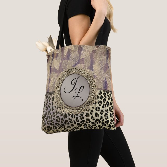 Glittery Feathers with Leopard Print Monogram Tote Bag (Close Up)