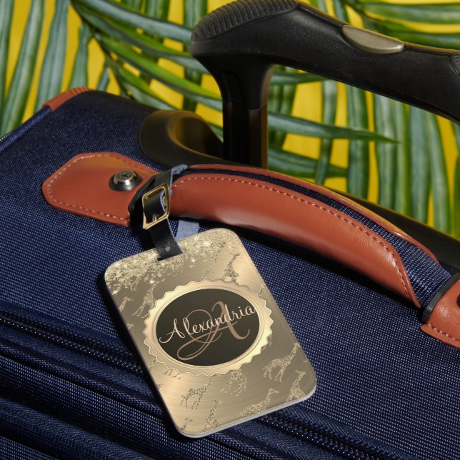 Glittery Giraffes on Glitzy Gold Monogram   Luggage Tag (Front Insitu 1)