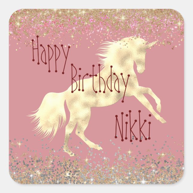 Glittery Glam Gold Unicorn Personalised Square Sticker (Front)
