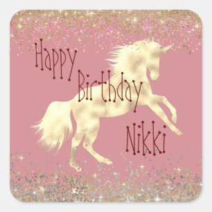 Glittery Glam Gold Unicorn Personalised Square Sticker