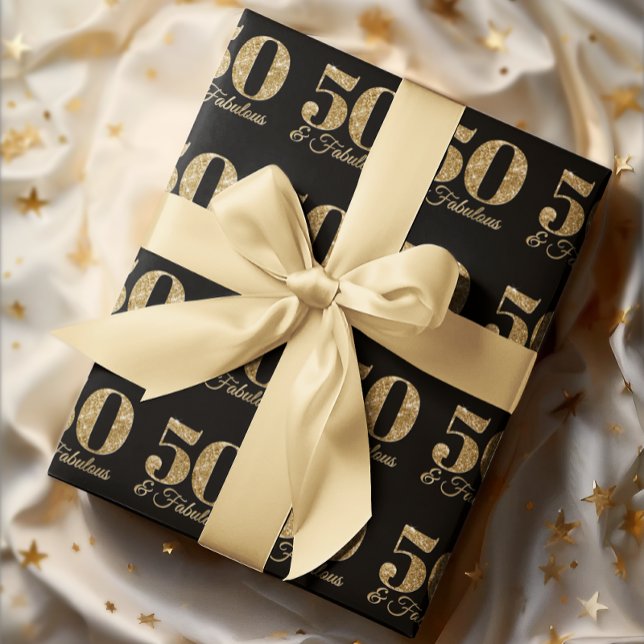 Glittery Gold 50 & Fabulous on Black Wrapping Paper (Glittery Gold 50 & Fabulous on Black Wrapping Paper)