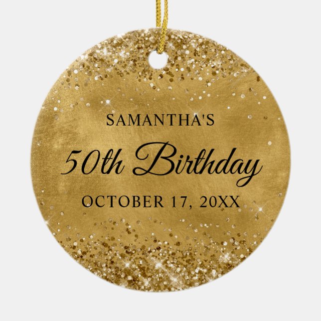 Glittery Gold 50th Birthday Ceramic Tree Decoration (Front)