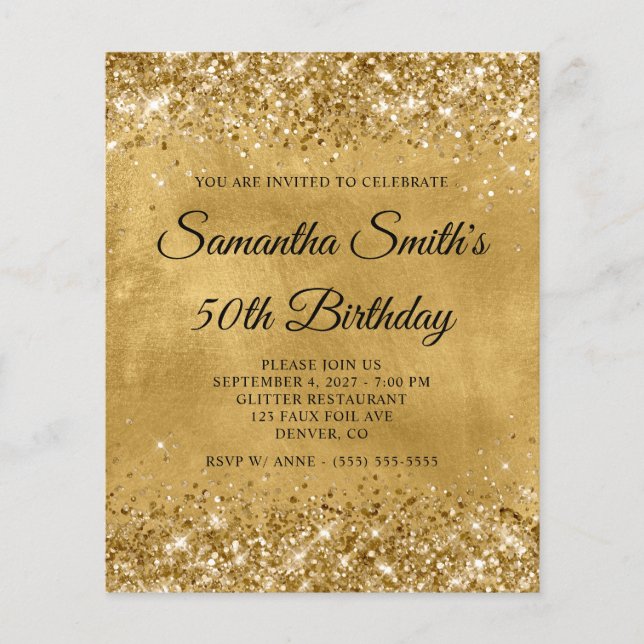 Glittery Gold 50th Birthday Fancy Monogram Invite Flyer (Front)