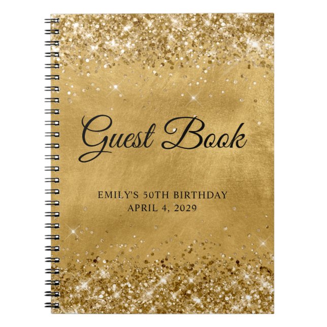 Glittery Gold 50th Birthday Guestbook Notebook (Front)