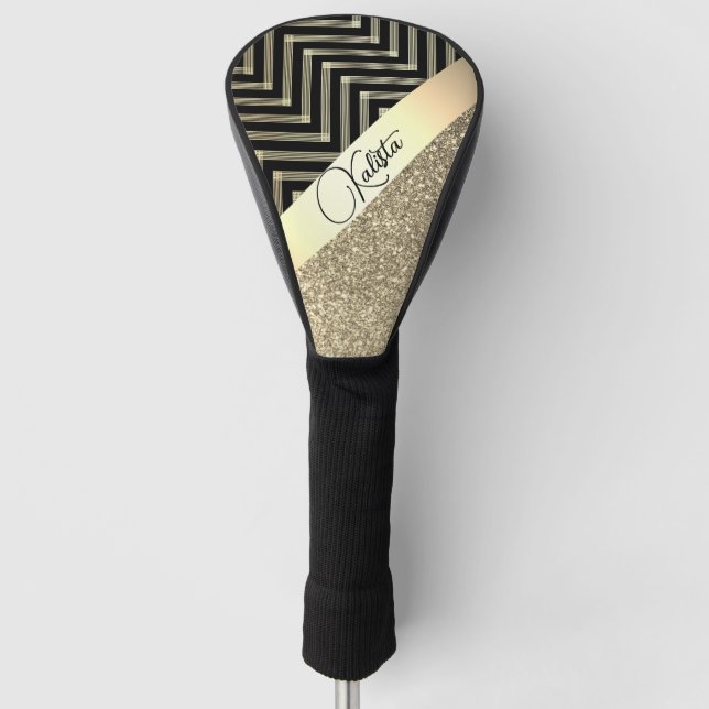 Glittery Gold and Black Chevron Personalised Golf Head Cover (Front)