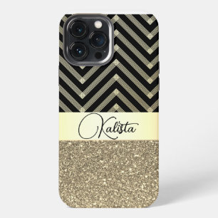 Glittery Gold and Black Chevron Personalised iPhone 13 Pro Max Case