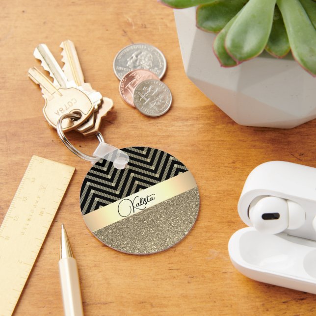 Glittery Gold and Black Chevron Personalised Key Ring (Desk)