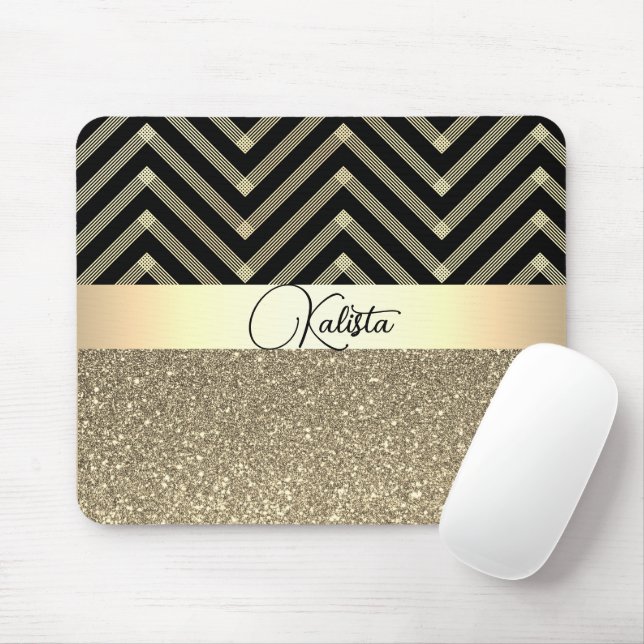 Glittery Gold and Black Chevron Personalised  Mouse Mat (With Mouse)