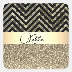 Glittery Gold and Black Chevron Personalised Square Sticker