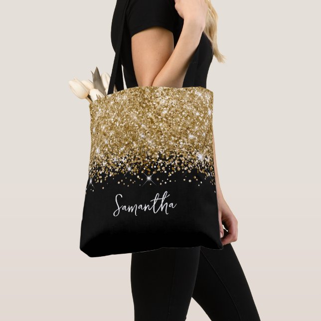 Glittery Gold and Black Glam Name Tote Bag (Close Up)