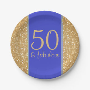 Glittery Gold and Blue 50 & Fabulous 50th Birthday Paper Plate