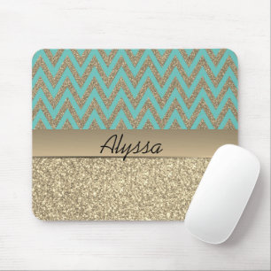 Glittery Gold and Blue Chevron Mouse Mat