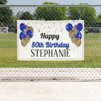 Glittery Gold and Blue Happy Birthday Banner