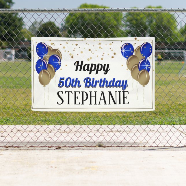 Glittery Gold and Blue Happy Birthday Banner (Insitu)