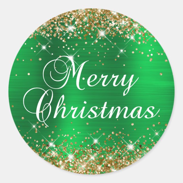 Glittery Gold and Green Foil Merry Christmas Classic Round Sticker (Front)