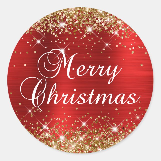 Glittery Gold and Red Foil Merry Christmas Classic Round Sticker (Front)