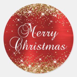 Glittery Gold and Red Foil Merry Christmas Classic Round Sticker