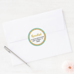 Glittery Gold and Teal Address Classic Round Sticker