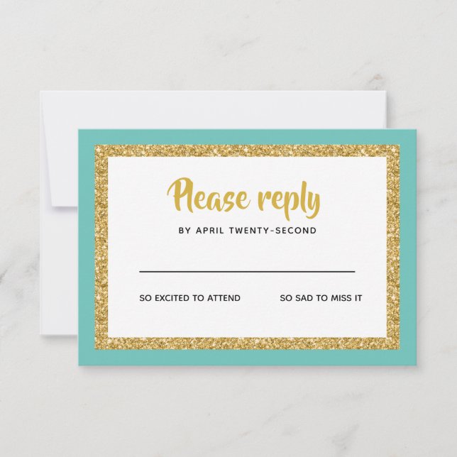 Glittery Gold and Teal Bat Mitzvah Reply RSVP Card (Front)