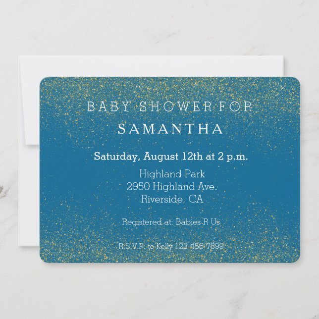 Glittery Gold and Turquoise Blue baby shower Invitation (Front)