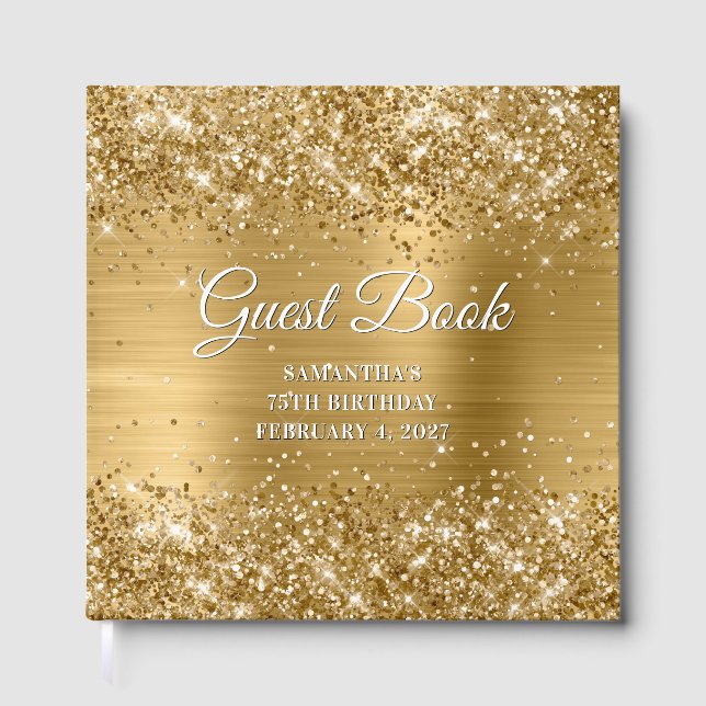 Glittery Gold and White 75th Birthday Guest Book (Front)