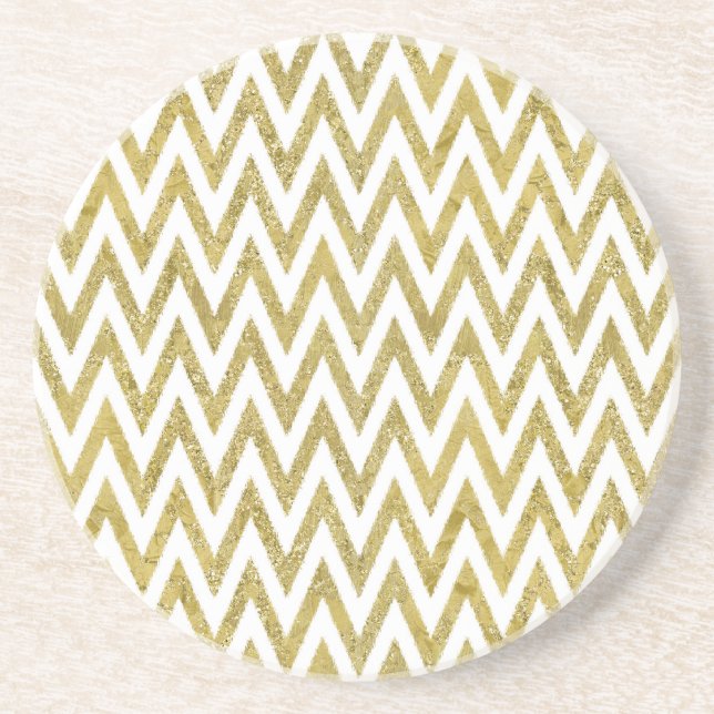 Glittery Gold and White Chevron Stripes Coaster (Front)