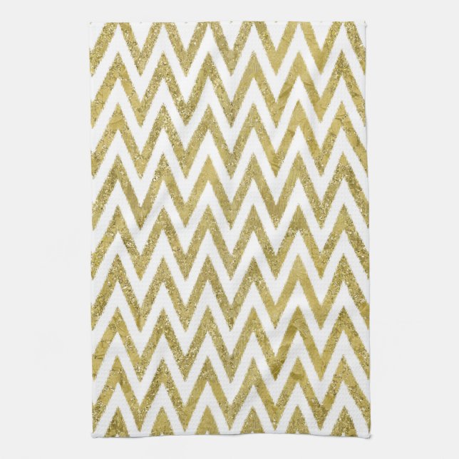 Glittery Gold and White Chevron Stripes Tea Towel (Vertical)