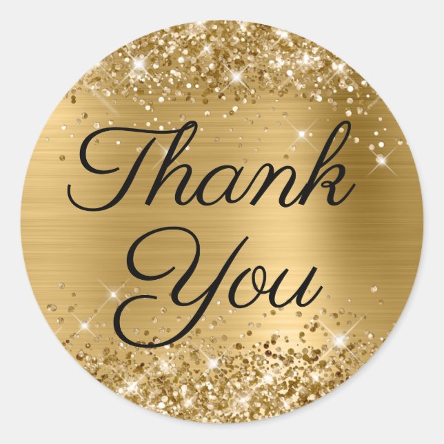 Glittery Gold Black Elegant Calligraphy Thank You Classic Round Sticker (Front)
