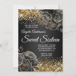 Glittery Gold Black Floral Glam Sweet Sixteen Invitation