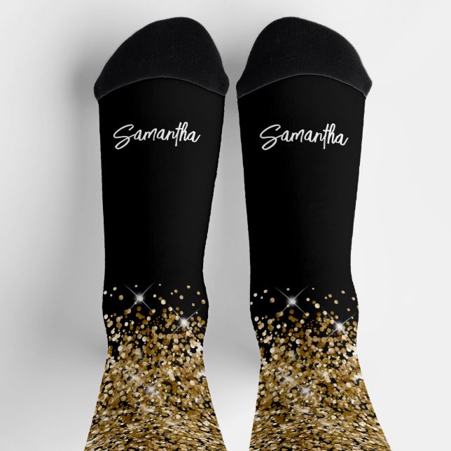 Glittery Gold Black Glam Brush Script Name Socks (Top)