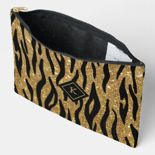 Glittery Gold, Black Zebra Pattern Monogram  Accessory Pouch