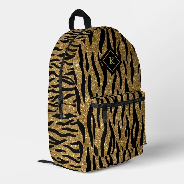 Glittery Gold, Black Zebra Pattern Monogram  Printed Backpack (Back Corner Left)