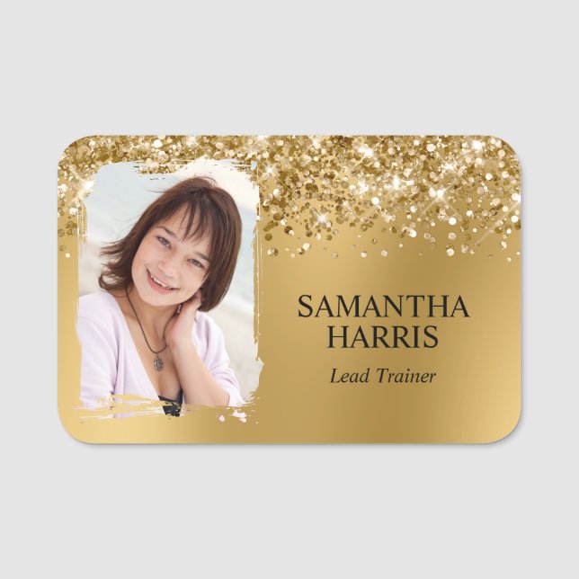 Glittery Gold Blur Brushstroke Photo Name Tag (Front)