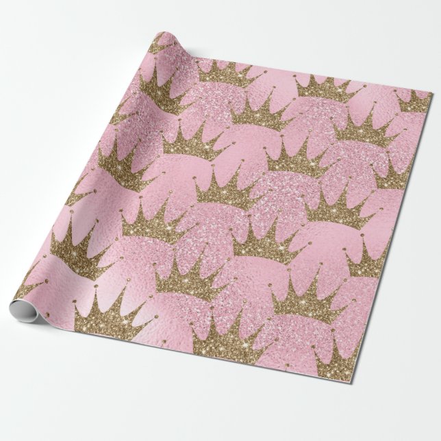 Glittery Gold Crowns on Pink Glitter Wrapping Paper (Unrolled)