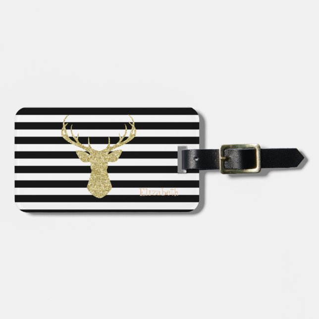 Glittery Gold Dear , Black Stripes Personalised Luggage Tag (Front Horizontal)