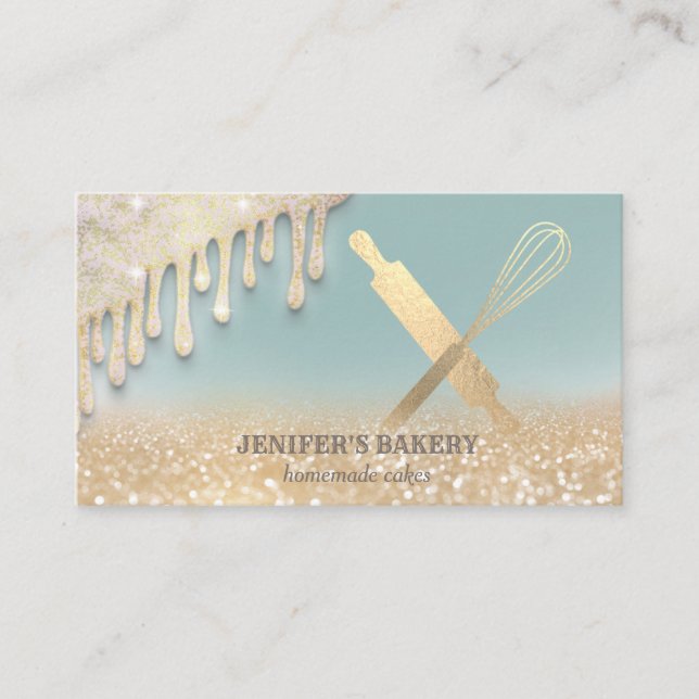 Glittery gold drips rolling pin whisk chef bakery business card (Front)