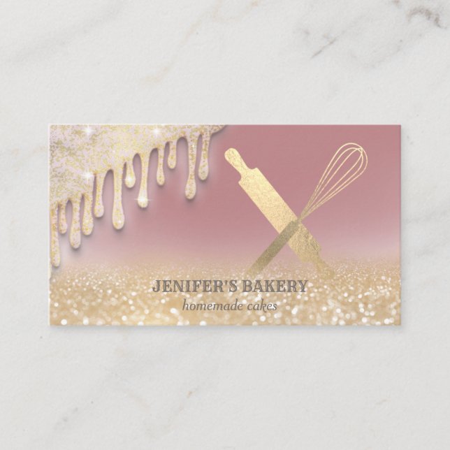 Glittery gold drips rolling pin whisk chef bakery business card (Front)
