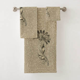 Glittery Gold Elegant Floral Bath Towel Set