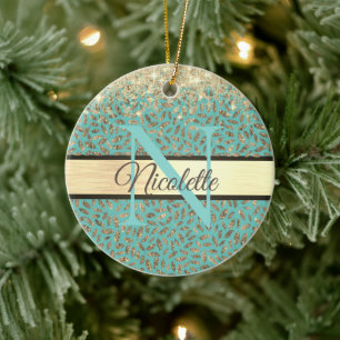 Glittery Gold Feathers Monogram     Ceramic Tree Decoration